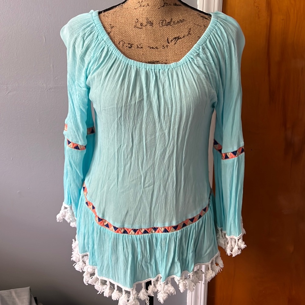 Top Stitch Teal Blouse with Aztec & Tassel Details Size M